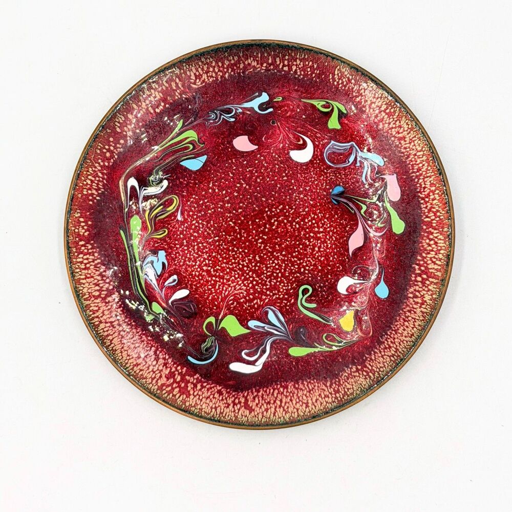 Vintage Copper Enamel Plate Red Gold Multicolor Floral Abstract Mid Century 5"